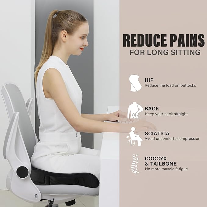 WAOAW Seat Cushion, Office Chair Cushions Butt Pillow for Car Long Sitting, Memory Foam Chair Pad for Back, Coccyx, Tailbone Pain Relief, Stocking Stuffers Gifts for Men Women (Black) - Image 2