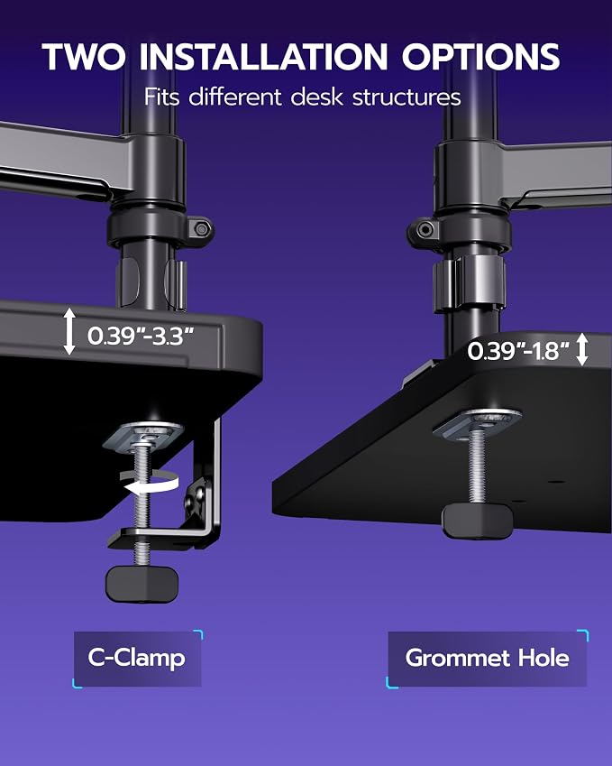 ARES WING Single Monitor Mount - 17 to 40 Inch Screen Monitor Arm, Black | Ultrawide Monitor Arm for Heavy Duty Curved Screen up to 26.4 lbs with Clamp/Grommet Desk Mount, 75/100 Vesa Mount - Image 2
