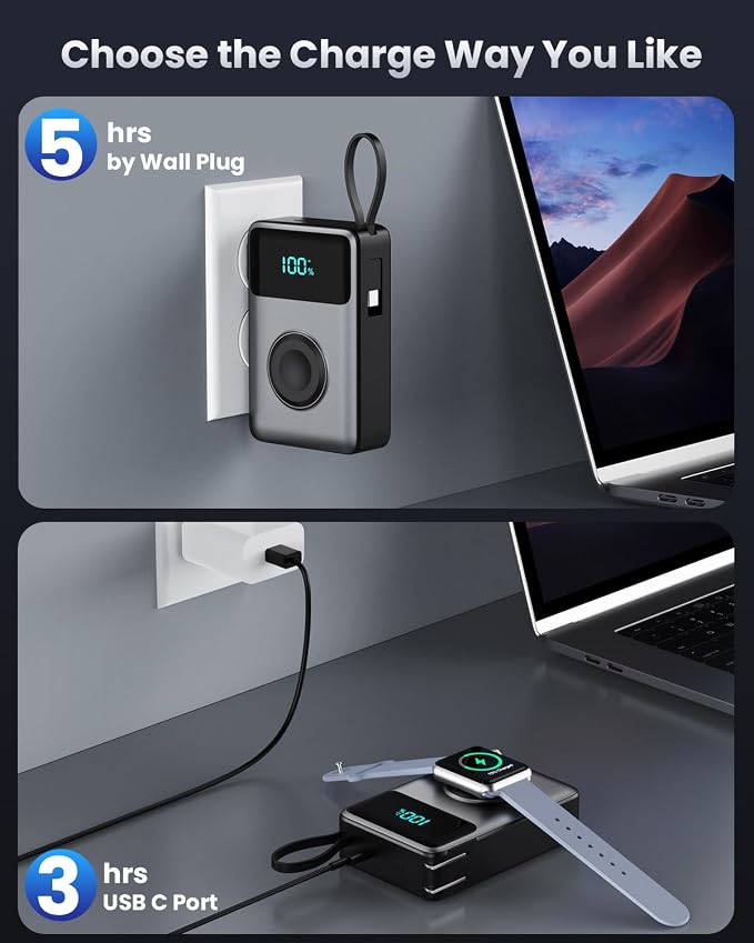 4-in-1 Portable Charger With Built-in Wall Plug&USB-C Cables,10800mAh Power Bank with iWatch Charger,QC4.0+PD 25W Fast Charging Battery Pack,Travel Essentials for iPhone 17/16,Apple Watch,Android etc - Image 4
