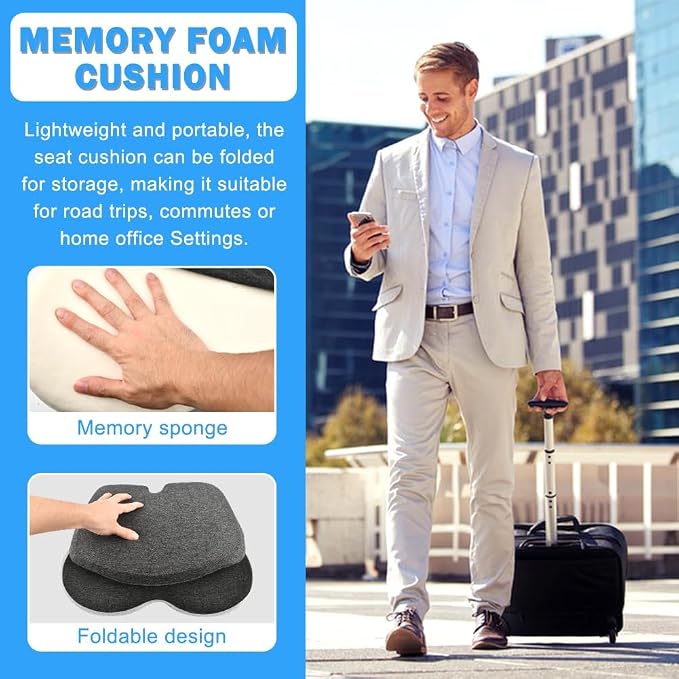 Memory Foam Seat Cushion with Lumbar Back Support, L-Shaped Integrated Ergonomic Coccyx Pad, Non-Slip Breathable Cushion for Comfort, Office Chair Car Wheelchair (Black+Gray) - Image 4