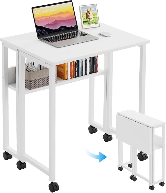 GreenForest Folding Desk with Wheels, 24.8" Rolling Table for Small Spaces | Storage Shelf, Lockable Casters, Compact Portable Workstation, Space-Saving Foldable Sofa Table, Home Office, Mobile, White by GreenForest