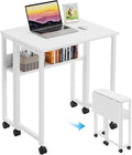 GreenForest Folding Desk with Wheels, 31.5" Rolling Table for Small Spaces | Storage Shelf, Lockable Casters, Compact Portable Workstation, Space-Saving Foldable Sofa Table, Home Office, Mobile, White by GreenForest