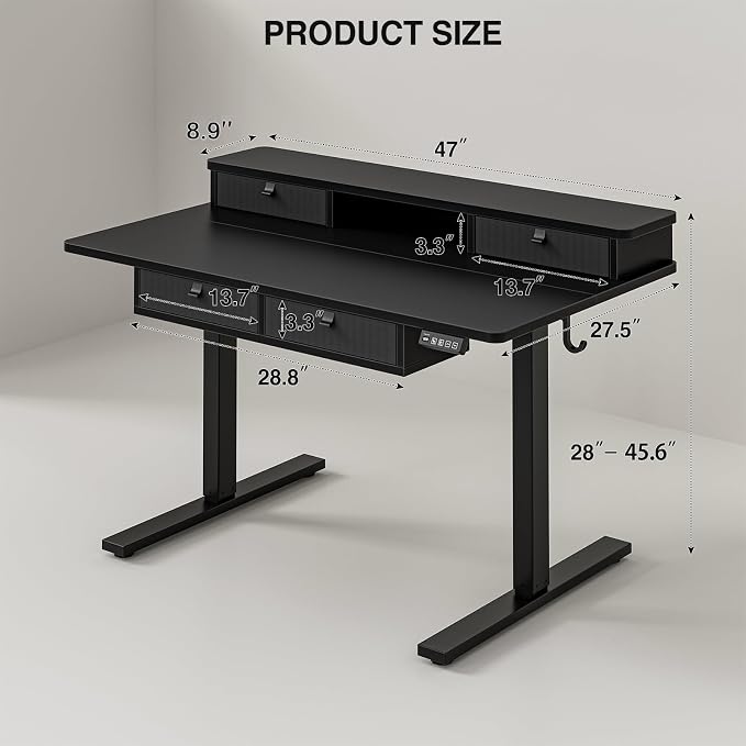 Grandder Electric Standing Desk with Four Drawers, Sit to Stand Up Height Adjustable Desk with Storage Shelf for Home Office, 47 * 28 Inch, Study, Ergonomic Adjustable Computer Desk, Black - Image 3
