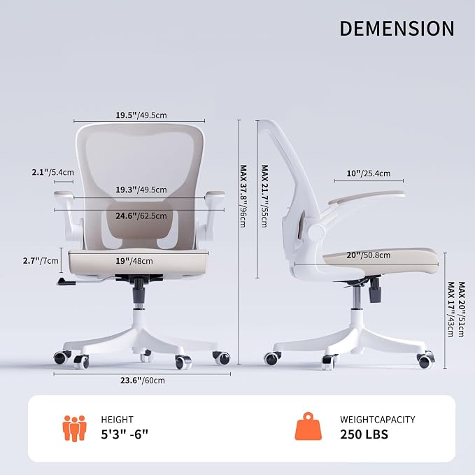 Monhey Ergonomic Office Desk Chair with Lumbar Support, High Back (Khaki) | 90°-125° Tilt Lock, 360° Swivel, Mute Wheels, High Back, Breathable Mesh, Foldable Armrests, Home Office Use - Image 2