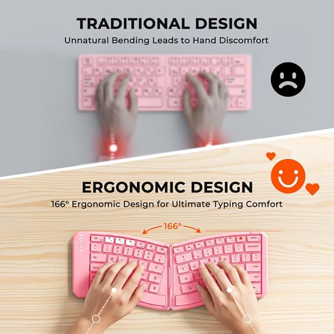 MEETION Foldable Ergonomic Bluetooth Keyboard, Split, Portable, Pink | Compact rechargeable folding keyboard with split ergonomic design, ideal for business travel, for Windows, Mac, iPad, Android - Image 4