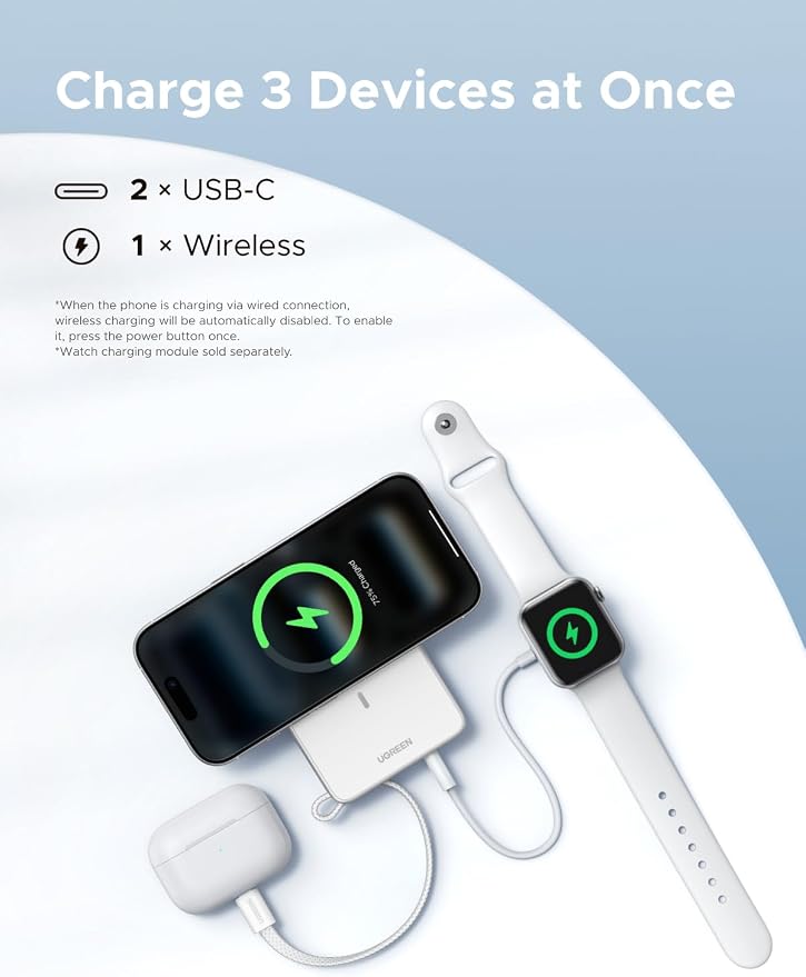 UGREEN MagFlow 10000mAh Qi2 25W Wireless Power Bank Built-in Cable | Qi2 25W wireless, built-in cable, 30W PD wired. MagSafe compatible. White for iPhone 17/12 - Image 6
