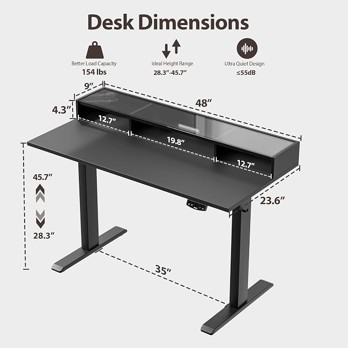 Agilestic 48 * 24 Inch Electric Standing Desk with Glass Shelf, Black | Electric Height Adjustable, 2 Storage Drawer, Monitor Stand, Sturdy Steel Frame, Memory Presets, Hooks, 154 lbs, Splice Board - Image 3