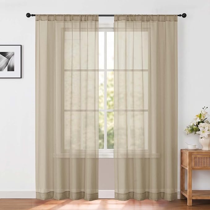 Taupe Sheer Curtains 84 inches Long for Living Room 2 Panels Set | Sheer White Curtains for Bedroom, Rod Pocket Airy Light Filtering Window Treatments, 2pcs, Each Panel 42" Width x 84" Long by OWENIE