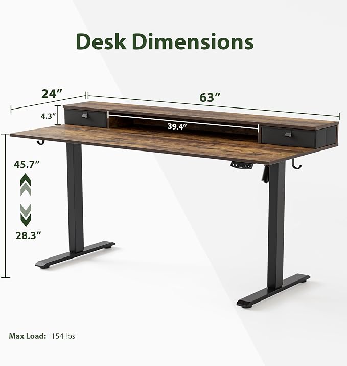 Agilestic 63 * 24 Inch Electric Standing Desk with Drawers, Rustic Brown | Electric Height Adjustable, 2 Storage Drawer, Monitor Stand, Sturdy Steel Frame, Memory Presets, Hooks, 154 lbs, Splice Board - Image 3
