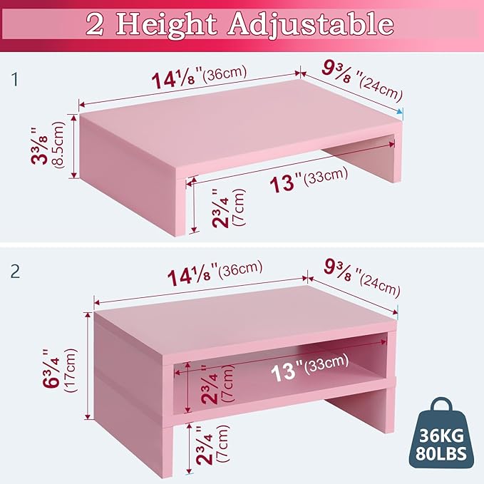 TEAMIX Pink Monitor Stand Riser - 2 PackS, Wood | Dual Stand for 2 monitors. Holds 80 lbs, Stack or Separate Adjustable Use, Fits laptop, TV, PC. For Home Office, Gaming - Image 4