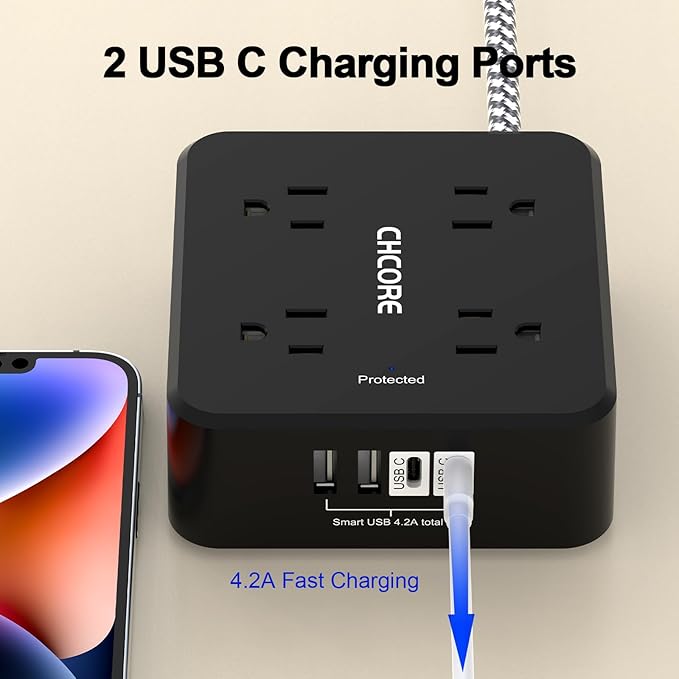 Surge Protector Power Strip - CHCORE 6Ft Braided Extension Cord with 8 Outlets with 4 USB (2 USB C) Charging Ports, Flat Plug Multi Plug Outlet Extender Charging Station for Home Office, ETL, Black - Image 4