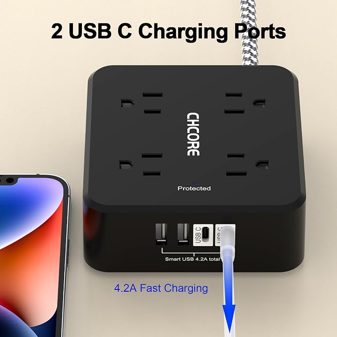 Surge Protector Power Strip - CHCORE 5Ft Braided Extension Cord with 8 Outlets with 4 USB (2 USB C) Charging Ports, Flat Plug Multi Plug Outlet Extender Charging Station for Home Office, ETL, Black - Image 3