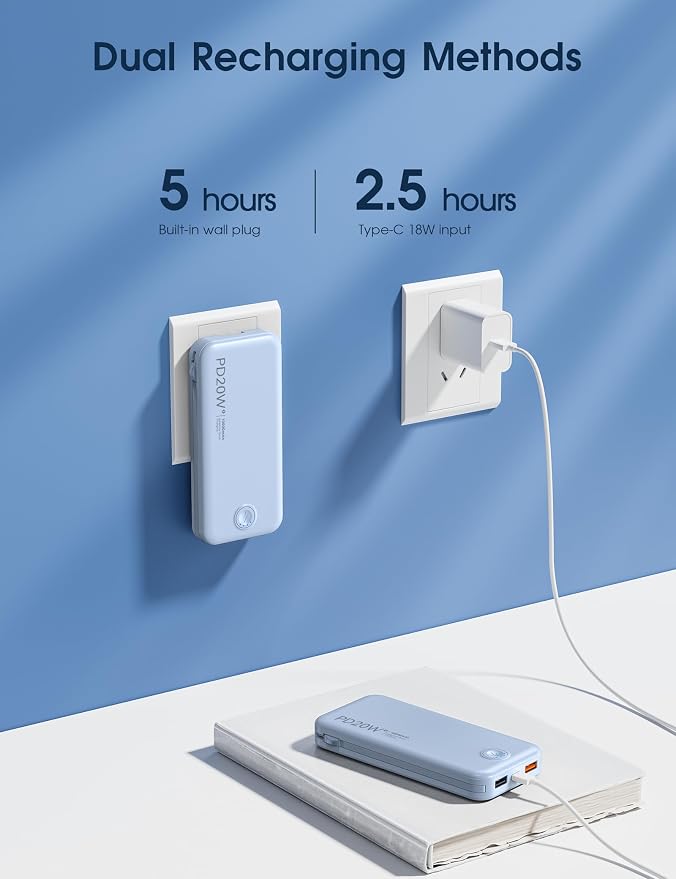 Nusyddy Portable Charger 10000mAh Fast Charging w/Built-in Wall Plug Blue | PD20W Fast Charging, LED Indicator, Pass Through Charging, TSA Approved, Compact/Slim, Power Bank for iPhone/iPad/Samsung - Image 7