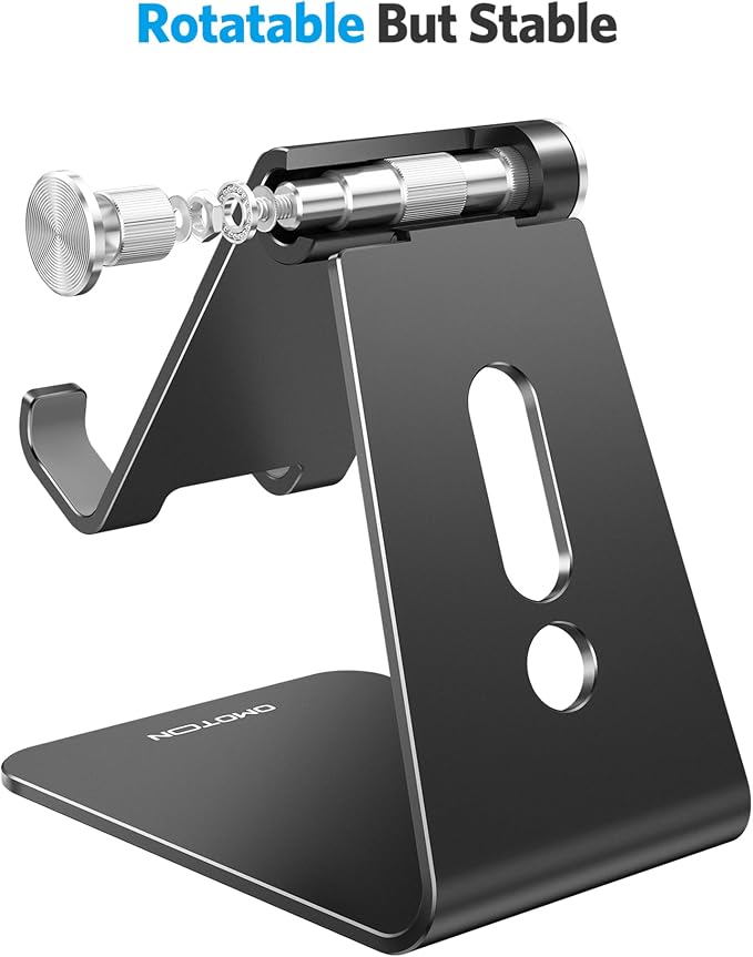 OMOTON C2 Adjustable Aluminum Cell Phone Stand with Charging Cutout, Black | Sturdy 3mm Base with Non-Slip Silicone Pads, Multi-Angle, Works with 19mm Thick Cases Smartphones, Desktop Recording Facetime - Image 7