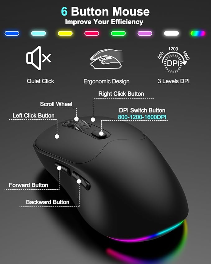 Wireless Keyboard and Mouse Combo, 7 Backlit Effects, Light Up Letters, Rechargeable, Phone Holder, 6 Button Mouse, Ergonomic Tilt Angle, 2.4GHz Silent USB Keyboard Mouse for Laptop, PC - Image 6