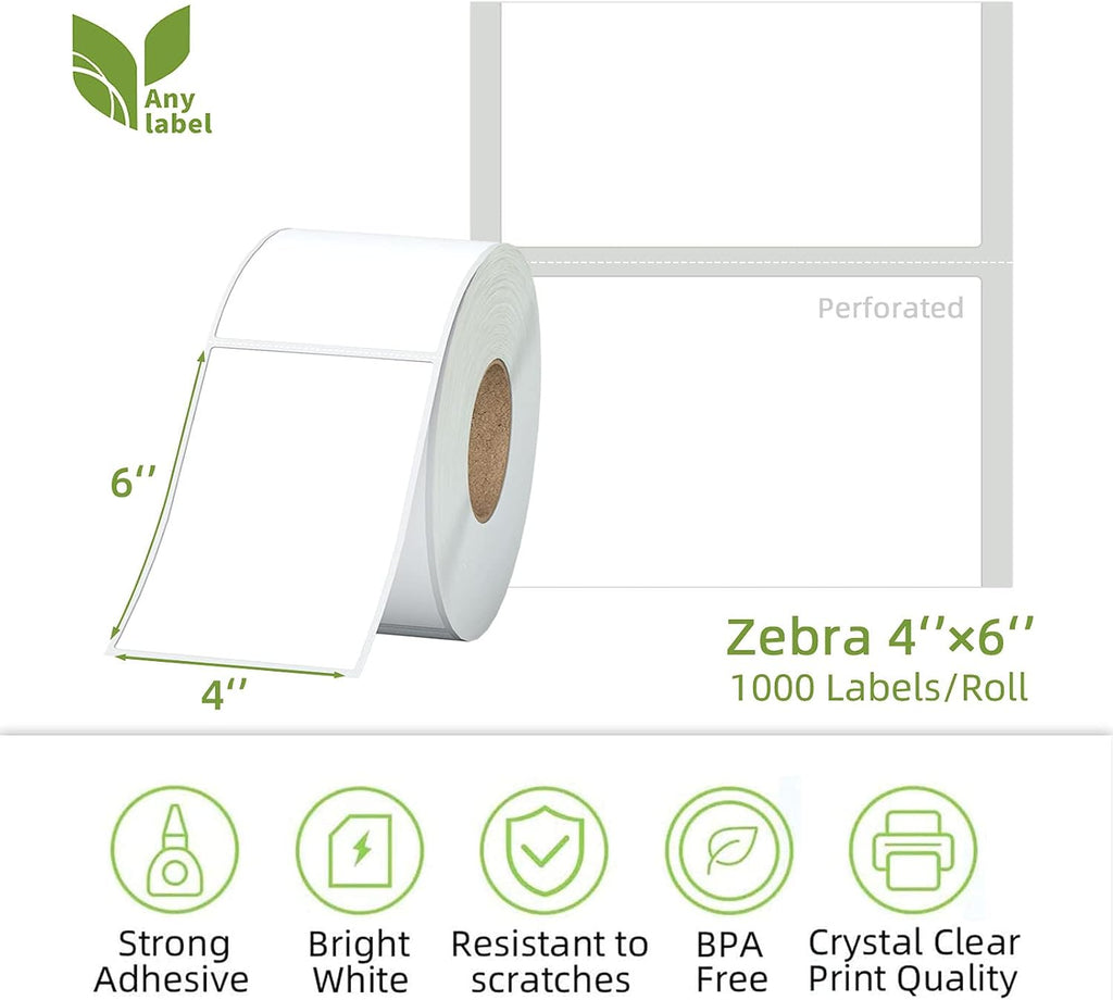 4"x 6" Multipurpose Direct Thermal Labels 3" Core Compatible for Zebra Industrial Printers Adhesive & Perforated (2 Rolls, 1000 Labels/Roll) - Image 2