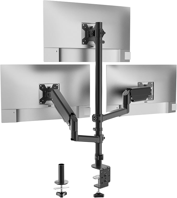 WALI Stacked Triple Monitor Mount for 13-27 inch Screens, 19.8 lbs per Arm | Tall 3 Monitor Desk Mount, Full Motion with Tilt, Swivel, Rotation, C-Clamp & Grommet Base, VESA 75/100mm (GSDM003S), Black by WALI