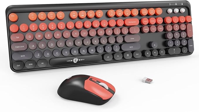 Wireless Keyboard and Mouse Combo, 104 Round Keys Cute Colorful Keyboard and Mouse with Retro Typewriter for PC/Mac/Laptop/Tablet/Computer/Windows Black Red by TT-FOPETT