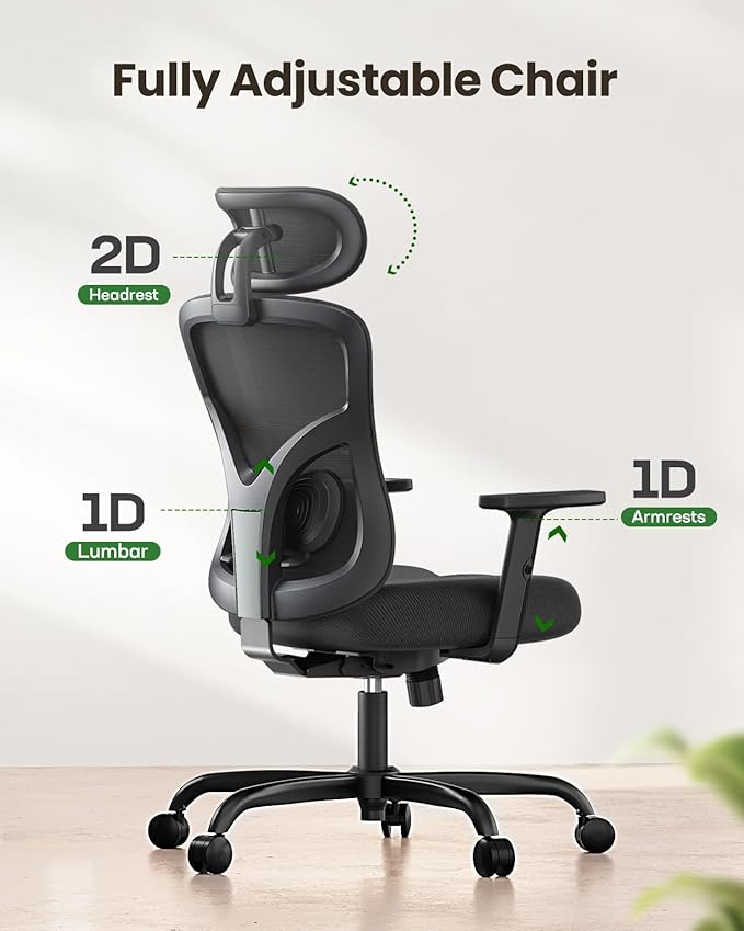 Marsail Ergonomic Office Chair with Lumbar Support and 2D Headrest | Adjustable armrests, contoured seat cushion, breathable design, smooth-rolling wheels, reclining function, height adjustment - Image 3