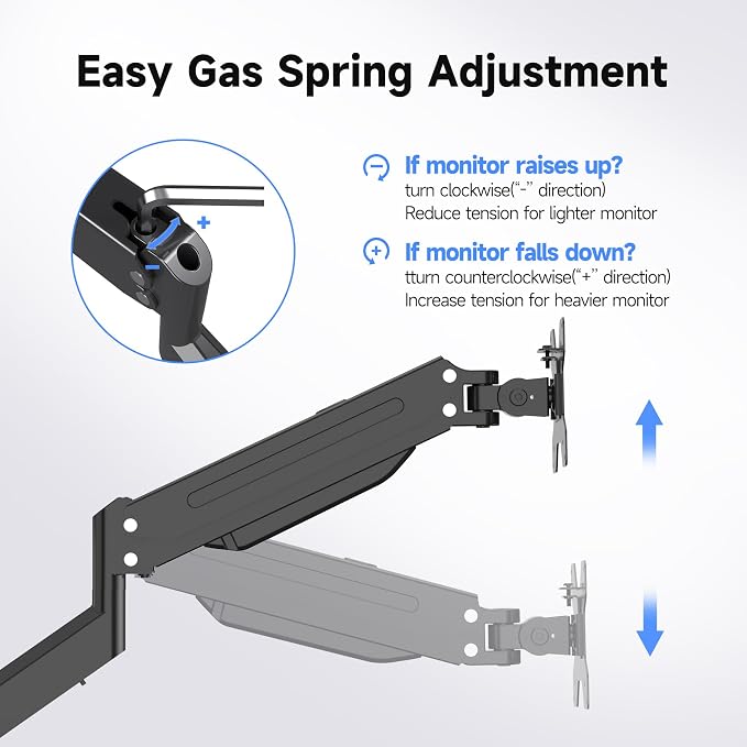suptek Dual Monitor Mount Gas Spring Monitor Arm Desk Stand with Base,Free Standing Pneumatic Height Adjustable Monitor Stand for 17 to 34 inch,Holds up to 24.25 lbs,Black(ML8SPX) - Image 4