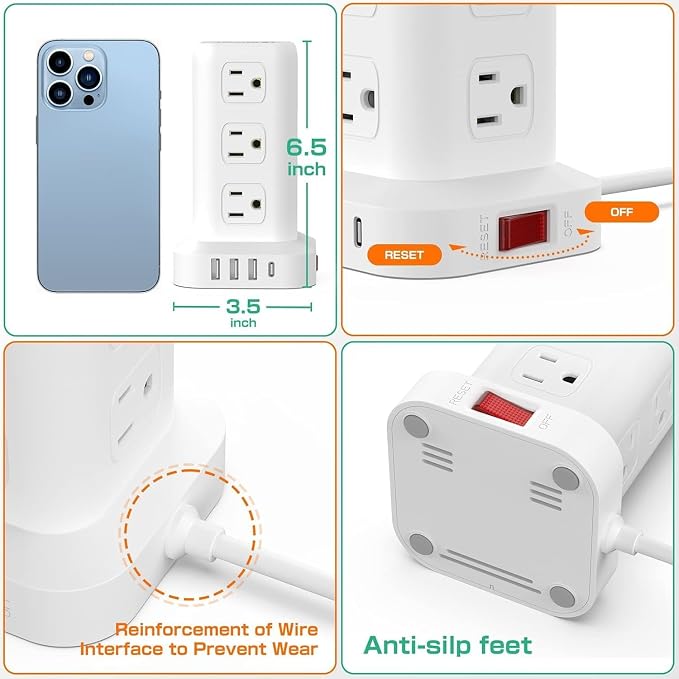 Power Strip with 12 Outlets 4 USB (1 USB C), 6.5Feet Extension Cord with Multiple Outlets, Charging Station, Power Strip Tower, Home Office Desk Supplies - Image 5