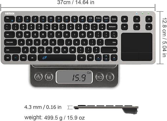 Arteck 2.4G Wireless Touch TV Keyboard with Easy Media Control and Built-in Touchpad Mouse Solid Stainless Ultra Compact Full Size Keyboard -Connected Computer, Smart TV, HTPC - Image 6