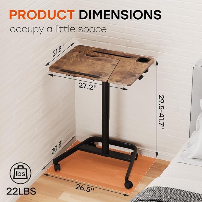 JOY worker Mobile Sit Stand Desk, 60° Tiltable Portable Desk, Rustic Brown | Pneumatic Height Adjustable Cart, Rolling Sit Stand Desk with Wheels & Cup Holder for Office Home School, Holds Up to 22lbs - Image 2
