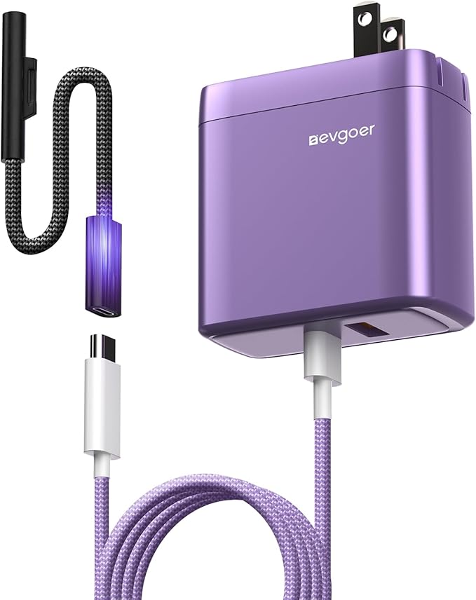 Surface Pro Charger, 65W Microsoft Surface Charger for 12/11/10/9/8/7/6/5/4/3/X, Compatible with Both Microsoft Book/Laptop/Tablet and All USB-C Deviece (Purple) by EGevgoer