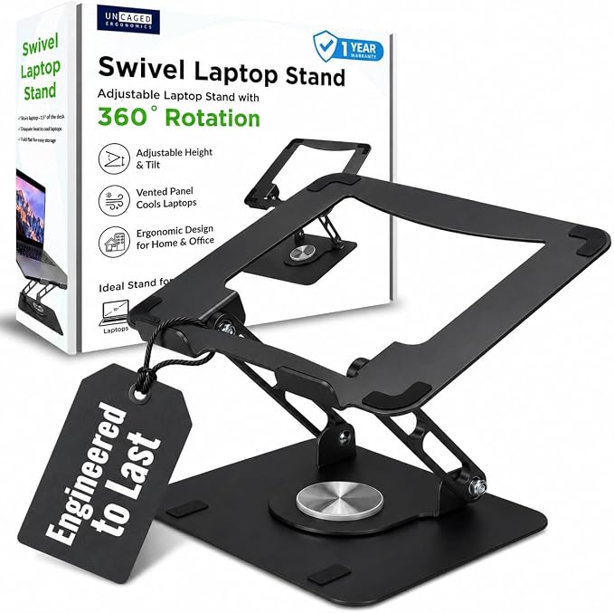Uncaged Ergonomics Swivel Laptop Stand for Desk, Adjustable Computer iPad Stand for Desk w/ 360 Rotation, Portable Laptop Holder for Home Office Ergonomic Supplies (Black) by UncagedErgonomics