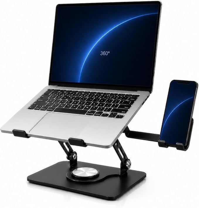 2-in-1 Laptop Stand with Phone Holder, 360° Swivel Laptop Riser for Desk | Fits 10-16 Inch Laptops, Height and Angle Adjustment, Carbon Steel Frame, Silicone Contact Pads, Fold-Flat Storage, 1 Pack by KYQEE