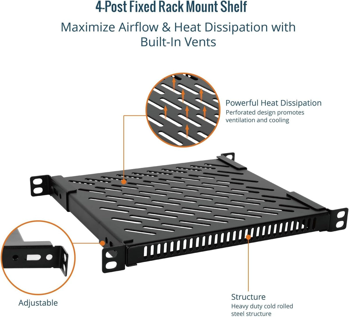 Tecmojo 0.5U Rack Shelf for 10" Server Rack & Cabinet, Adjustable 7.87-10.24" Depth, Vented Metal Tray, Heavy Duty Support up to 66 lbs, Enhanced Ventilation, Black - Image 6