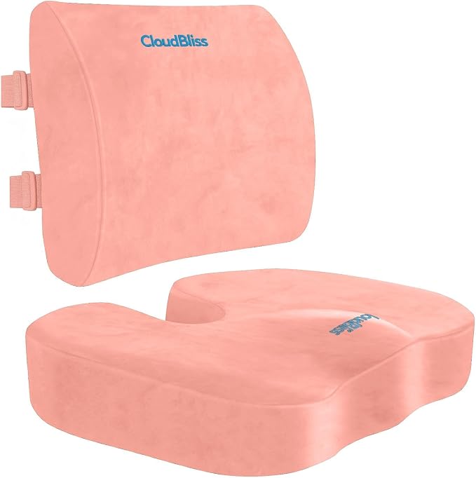 CloudBliss Ergonomic Seat Cushion & Lumbar Support Pillow Set, Pink, Large | Back Pain & Sciatica Relief, Memory Foam Support, Adjustable Straps, Machine Washable Velvet, Perfect for Office, Car, Gaming by CloudBliss
