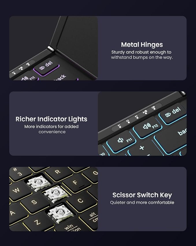 Samsers Full-Size Backlit Foldable Bluetooth Keyboard with Touchpad, Black | 7-color illuminated, BT5.1 x 3, Multi-touch Trackpad, PU Leather Cover, Phone Holder, Mouse click, Velvet bag, Mobile Work - Image 8