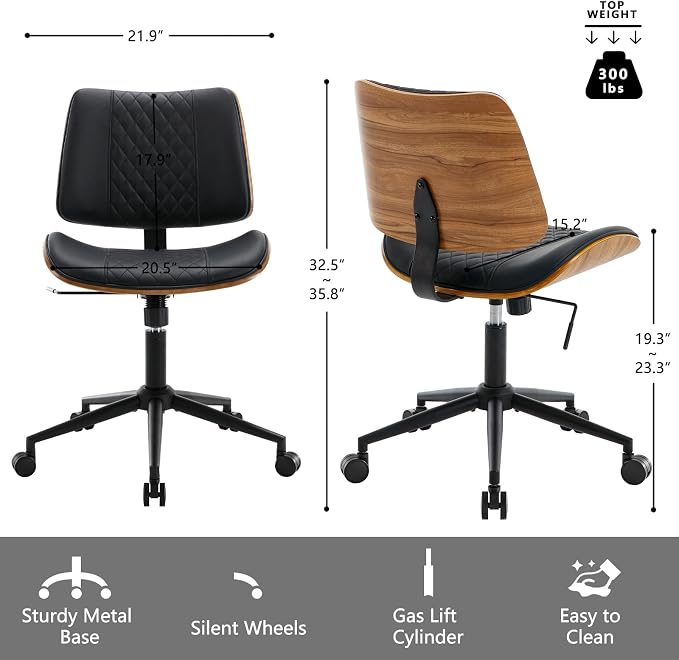 Home Office Chair No Arms with Wheels, Mid Back Walnut Style, Black | Adjustable Height Small Desk Chair, PU Leather Mid Back 360 Swivel Computer Seating, Armless Walnut Office Chair, 300LBS - Image 2