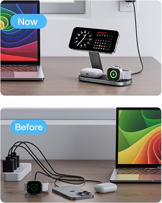 3-in-1 Charging Station for Apple Device, Foldable Magnetic Wireless Fast Charger Stand Compatible with MagSafe for iPhone 17e/17/16/15/14/13/12/Air Series, Apple Watch & AirPods-Black - Image 7