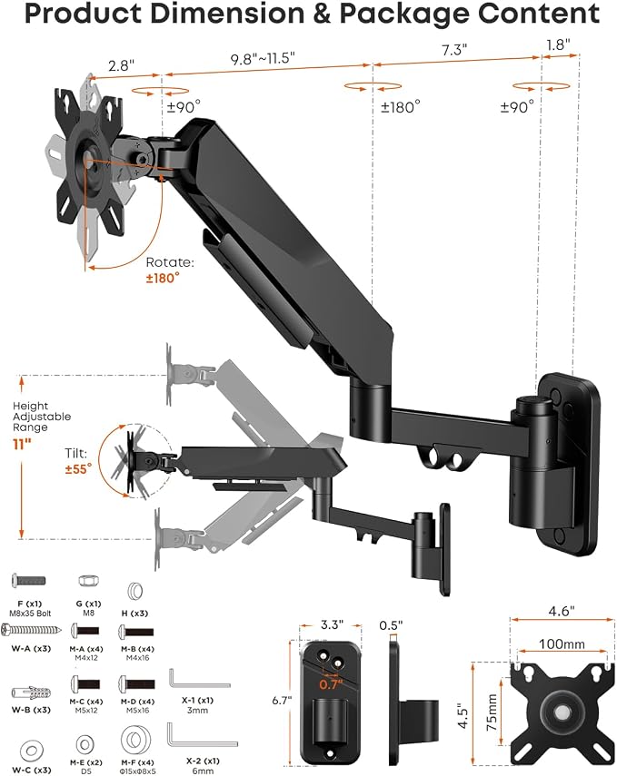 Heavy Duty Single Monitor Arm Wall Mount fits 27-45 Inch Flat/Ultrawide | Full Motion, Gas Spring Arm, Holds 35.2 lbs, VESA 75/100mm for Home Office & Gaming, Black - Image 9