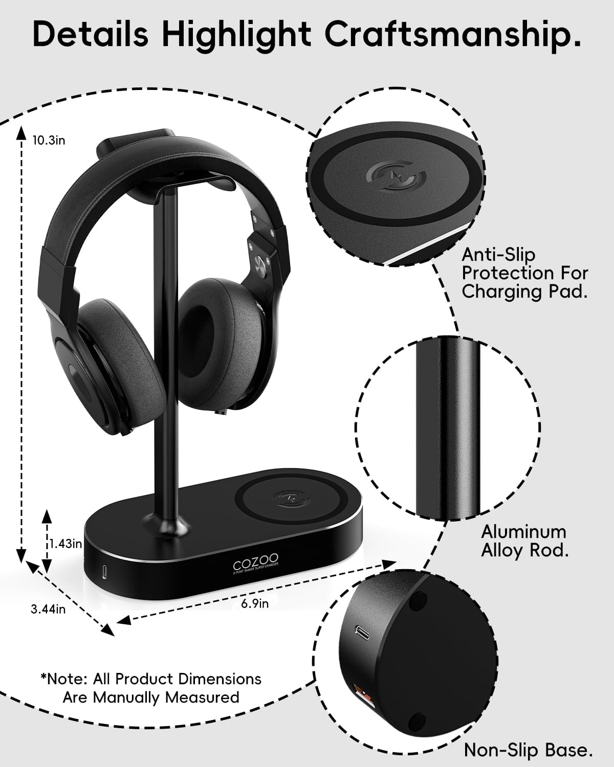 Headphone Stand with Fast Wireless Charging Pad and 2 USB Charging Ports, Suitable for Gaming, DJ, Wireless Earphone Accessories - Image 7