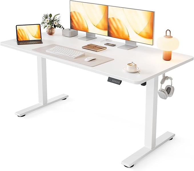 Cubiker Standing Desk, 55x28 Inches Sit Stand Home Office Desk, Electric Stand up Desk, Adjustable Desk with Splice Board, White Frame/White Top by CubikerHomeOfficeFurniture