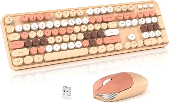 Wireless Keyboard and Mouse Combo, 2.4GHz Retro Full-Size Typewriter Keyboard with Number Pad and Wireless Mouse for PC/Laptop/Desktop/Windows (Milk Tea Colorful) by Unknown