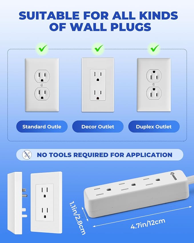 Saker Outlet Concealer, 10ft Flat Extension Cord, 3 Outlets, White | 10ft Flat Extension Cord, Universal Outlet Concealer, 3 Built-In AC Outlets, Baby Proof Cable Management - Image 5