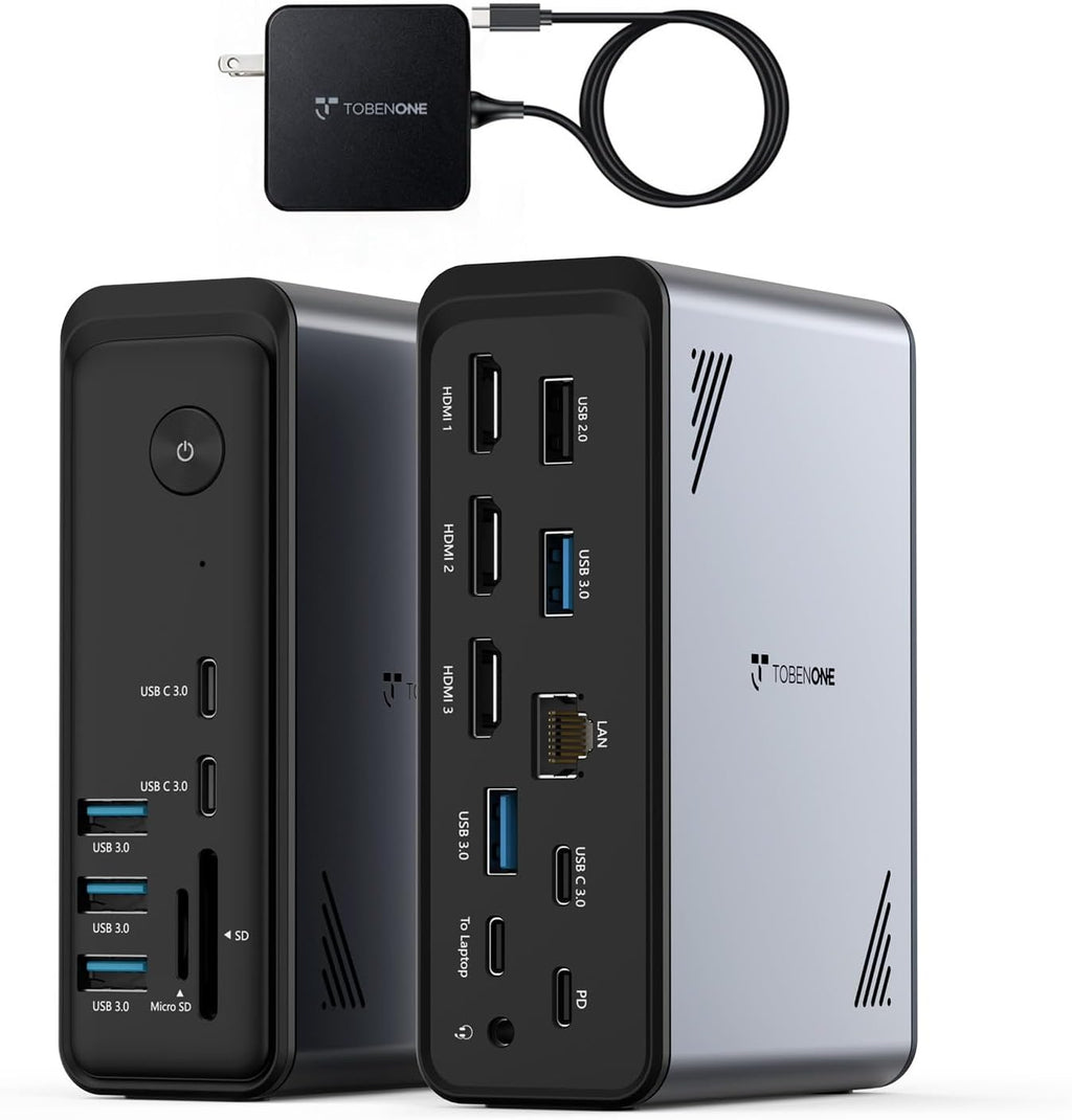 TobenONE 18-in-1 Laptop Docking Station 3 Monitors,Triple 4K HDMI,9 USB C/A by Tobenone