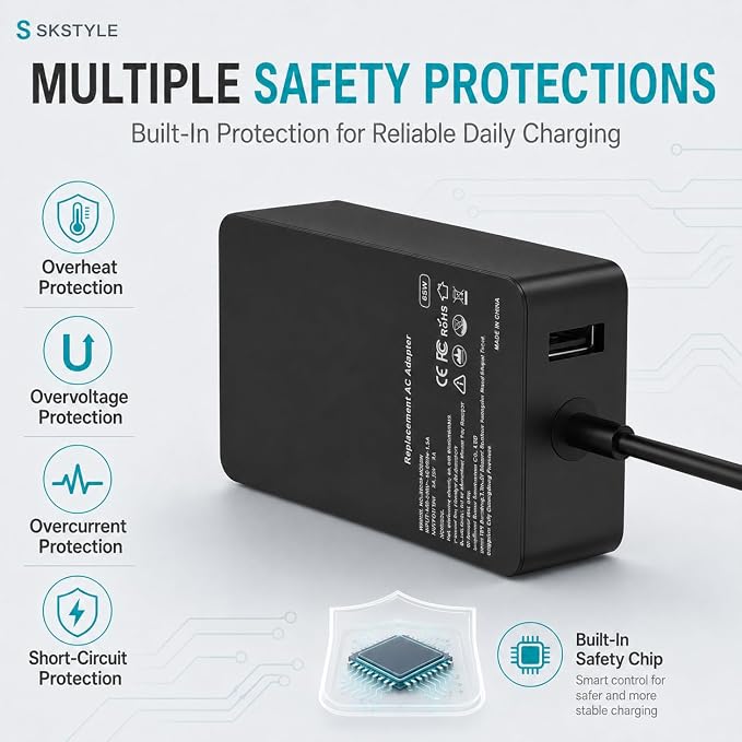 65W Surface Pro Charger Compatible with Microsoft Surface Pro 11/10/9/8/7+/7/6/5/4/3/X, Surface Laptop 7/6/5/4/3/2/1, Surface Go 4/3/2/1, Surface Book 3/2/1, 10FT Power Adapter with USB Port - Image 5