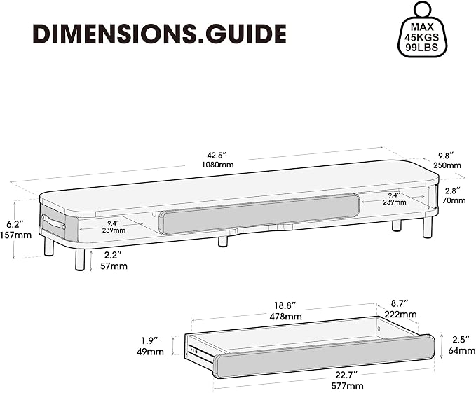 Fenge Dual Monitor Stand with Large Storage Drawer, 42.5" Dsek Shelf, Oak | Slide-Out Drawer with Soft Touch Leather, Ergonomic Monitor Riser, Aluminum leg, 2-Tier Desk Organizer for Laptop, TV, PC - Image 3