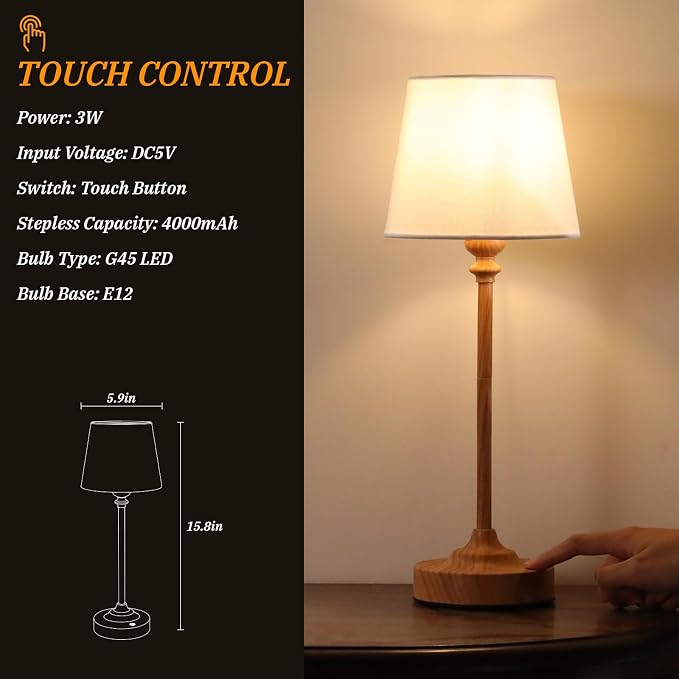 Kakanuo Cordless Table Lamps Rechargeable Set - 2 Pack Wooden 4000mAH Battery Operated Lamps for Decor, 3000K Stepless Dimming Touch Control Wireless Lamps for Bedroom, Dining Table - Image 6