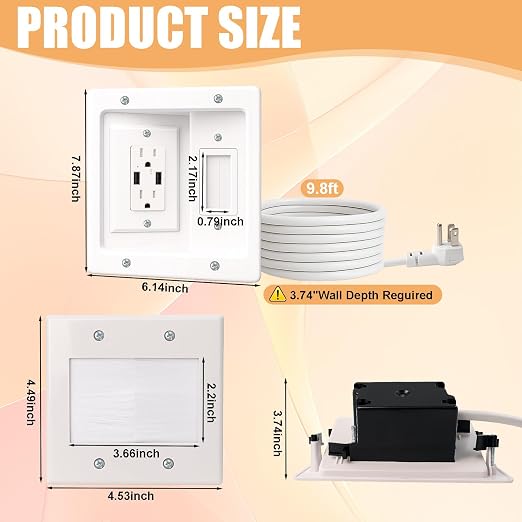 TV Cord Hider for Wall Mounted TV, in-Wall Cable Management System with Recessed Power Outlet, Power & Low Voltage Cable Concealer Kit for Clean and Organized Home Theater Setup(AC+ USB) - Image 2