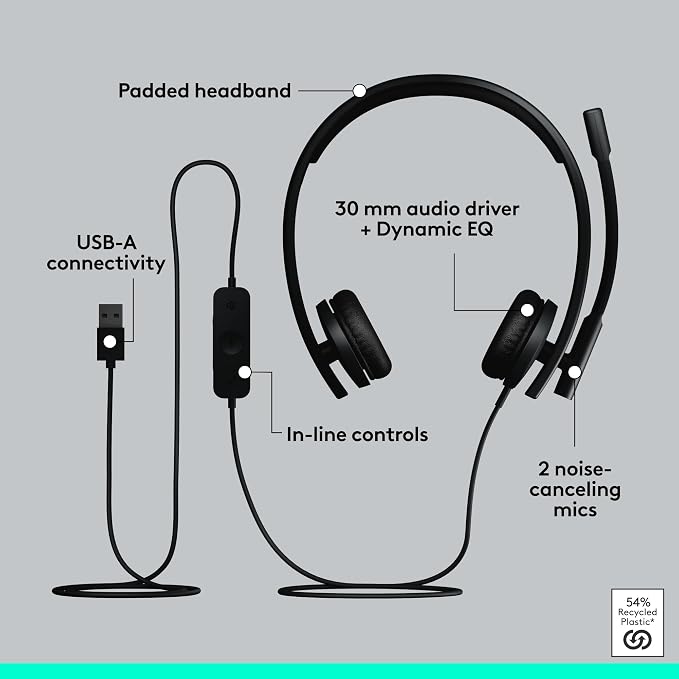 Logitech H570e USB-A Wired Headset with Microphone PC and Mac - Black | For PC and Mac, USB-A wired, inline controls, certified for Microsoft Teams - Image 6