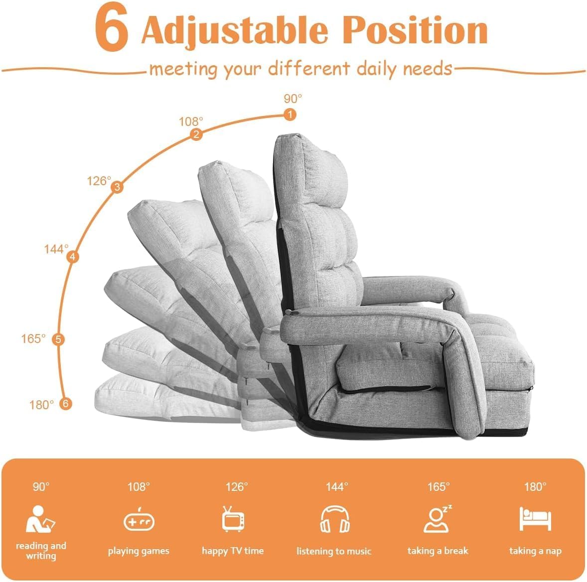 Floor Gaming Chair, 6 Position Adjustable Indoor Chaise Lounge for Teens Adults, Padded Folding Sofa with Armrests and Pillow, Comfy Chair for Meditation, Reading, Light Grey - Image 3