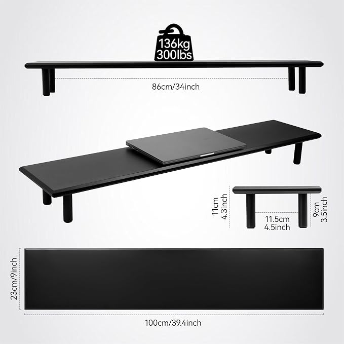 Bamboo Dual Monitor Stand Riser, Black Desk Shelf with Storage | 39.37-Inch Wide, 3.5-Inch Clearance, Fits Keyboards, Soundbars and Two 24-Inch Monitors for Home Office - Image 2