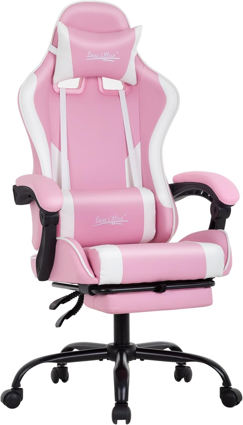 Gaming Chair Office Chair Desk Chair with Footrest Lumbar Support Headrest Armrest Task Rolling Swivel Ergonomic E-Sports Adjustable PC Gamer Chair(Pink) by BestOffice