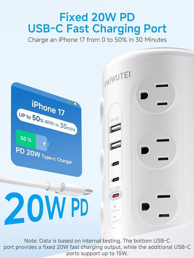 Tower Power Strip with 1 Dedicated PD 20W Fast-Charging Port, 12 Outlets, 5 USB Ports (3 USB-C), Desk Charging Station for Multiple Devices, 6FT Extension Cord, Home Office Essentials - Image 2
